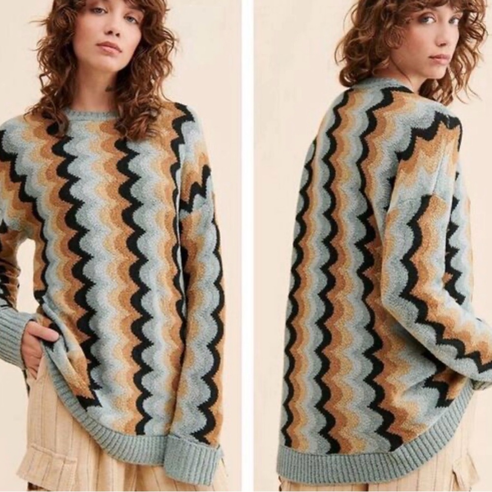 Show Me Your Mumu Sweater Retro Wave Comfy Size XS Blue Brown Pullover EUC